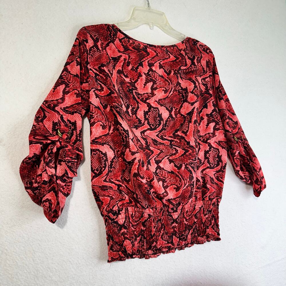Michael Kors MK Black & Red Snake Skin Print Blouse 3/4 Roll Tab Sleeves Medium - Picture 5 of 7